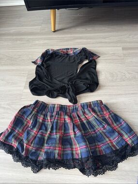 Black and Navy Plaid Mini Skirt with Lace Trim